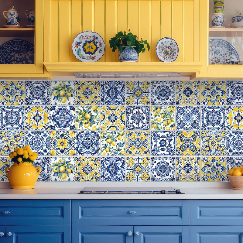 Faccito 24 Pcs Lemon Tile Stickers 4x4 Inch Watercolor Mediterranean Lemon Summer Peel and Stick Removable Self Adhesive PVC Waterproof Tile Stickers Amalfi Coast Decor for Kitchen Bathroom Backsplash - Image 4