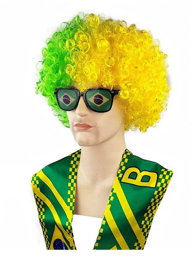 National Flag Colors Brazil Wig Set with Scarf & Glasses - 3-Piece World Cup Soccer Fan Costume, Sports Events Party Supplies