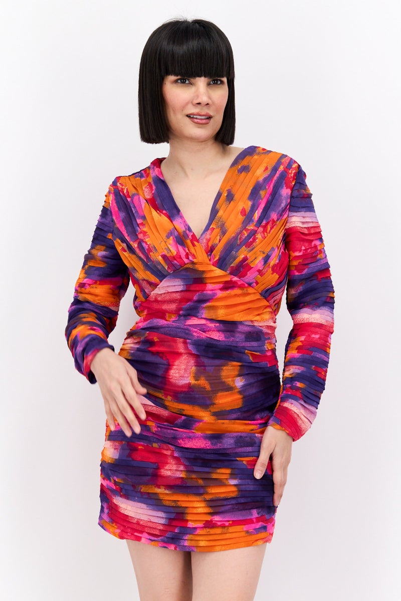 French Connection Women Printed Ruched Mini Dress, Orange Combo - Image 1