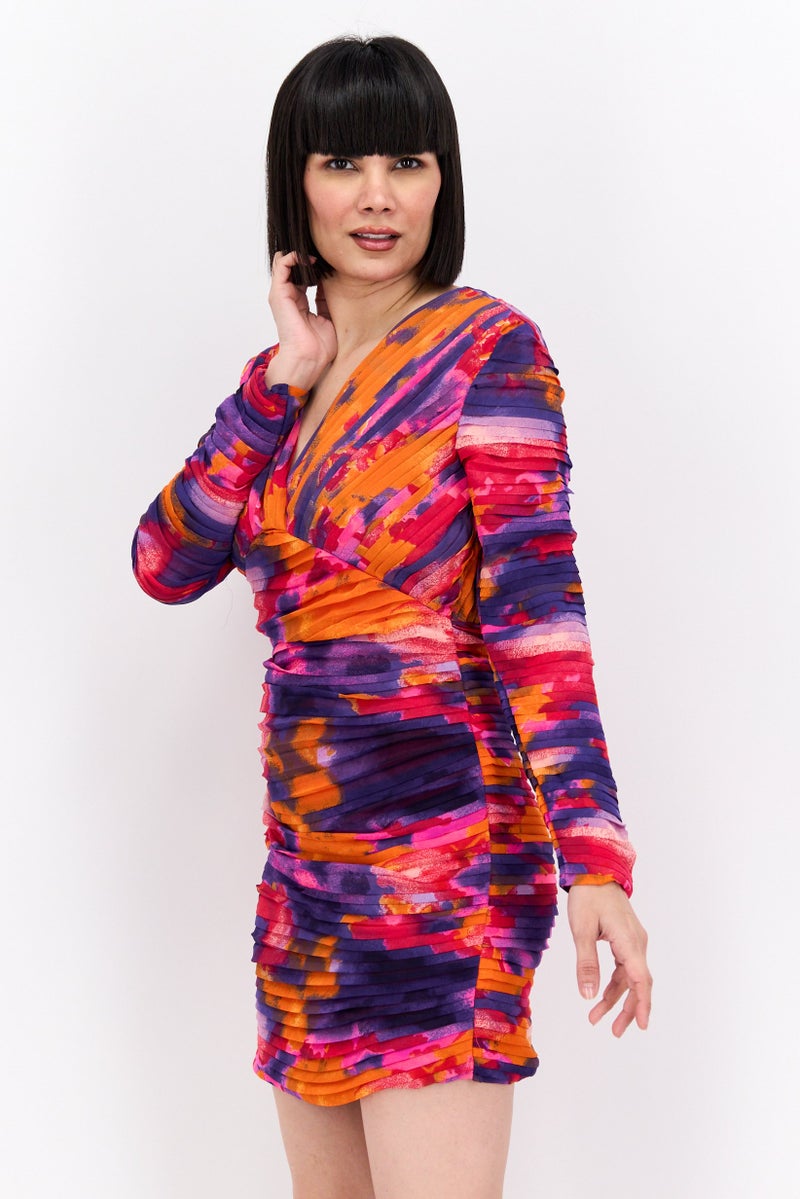 French Connection Women Printed Ruched Mini Dress, Orange Combo - Image 2