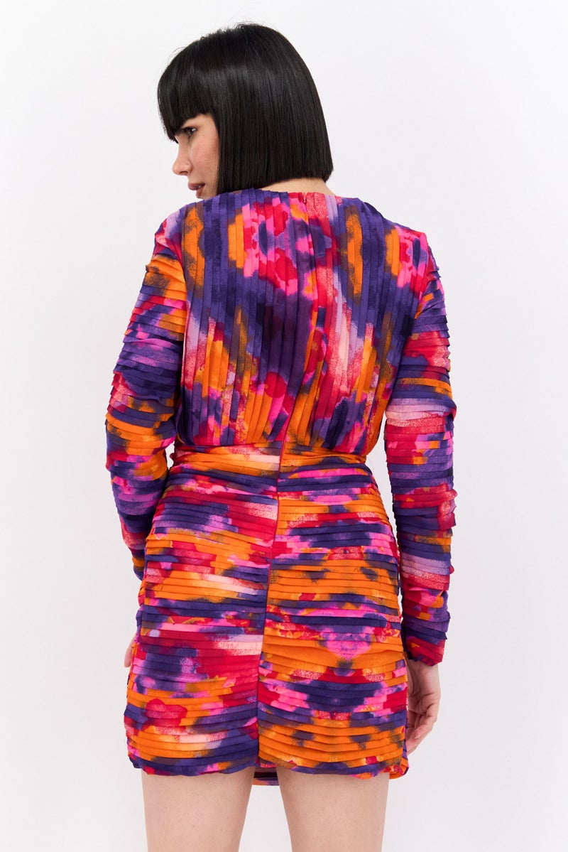 French Connection Women Printed Ruched Mini Dress, Orange Combo - Image 3