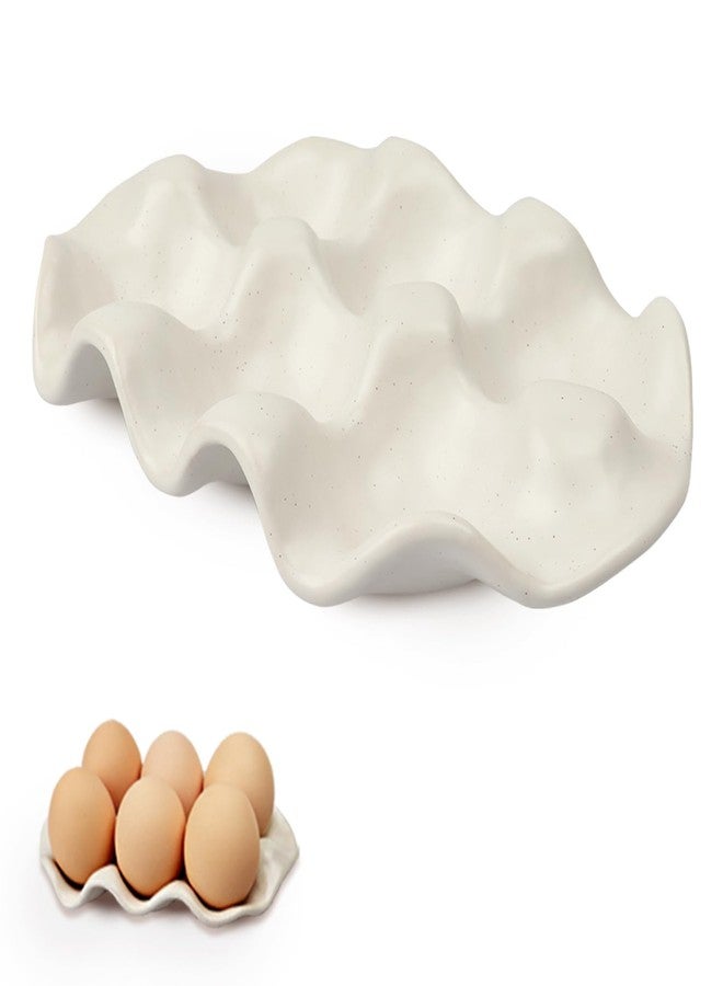 DOBROGOST Ceramic 6 Cups Egg Tray,Half Dozen Porcelain Egg Holder Container Keeper Storage Organizer, Decorative Serving Stand Serveware for Refrigerator Fridge Countertop Display Kitchen (white) - Image 1