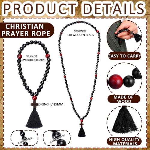 Misdary 2 Pcs Christian Orthodox Prayer Rope Oak Wooden Chotki Cross Blessing Prayer Beads 30 100 Knots with Red Bead Cross Charm Tassel Pray Black for Religious Catholic Gift for Men Women - Image 2