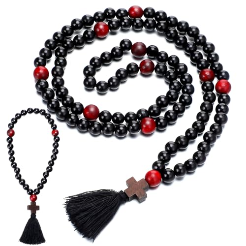 Misdary 2 Pcs Christian Orthodox Prayer Rope Oak Wooden Chotki Cross Blessing Prayer Beads 30 100 Knots with Red Bead Cross Charm Tassel Pray Black for Religious Catholic Gift for Men Women - Image 1
