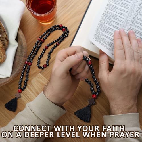 Misdary 2 Pcs Christian Orthodox Prayer Rope Oak Wooden Chotki Cross Blessing Prayer Beads 30 100 Knots with Red Bead Cross Charm Tassel Pray Black for Religious Catholic Gift for Men Women - Image 3