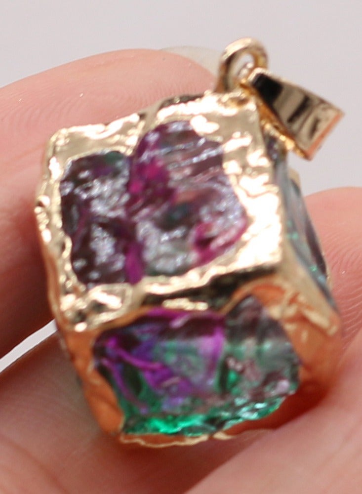 Purple Green Natural Stone Crystal 25x25mm Square Glass Pendant with Gold Edge - Image 1
