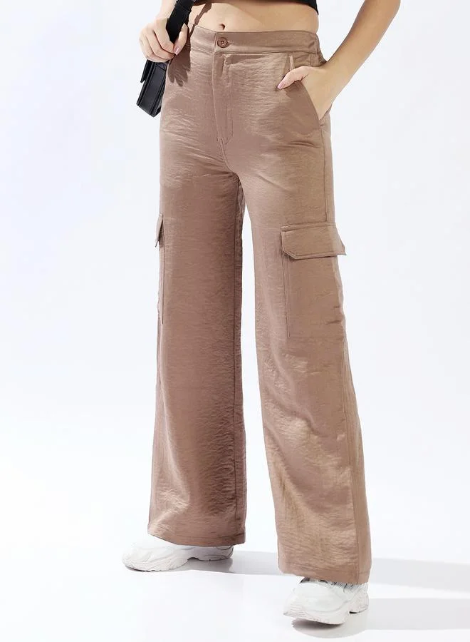 HIGH STAR Women Relaxed Loose Fit High-Rise Cargo Textured Satin Trousers