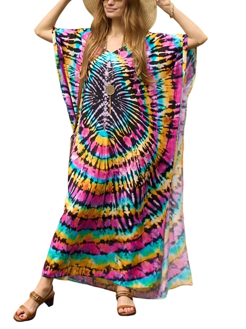 IMAGEKOPE Women's Plus Size Loose Fit Moroccan Print V-Neck Batwing Kaftan Stylish Beach Dress Bathing Suit Cover Up - Image 1