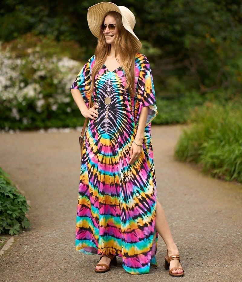 IMAGEKOPE Women's Plus Size Loose Fit Moroccan Print V-Neck Batwing Kaftan Stylish Beach Dress Bathing Suit Cover Up - Image 2