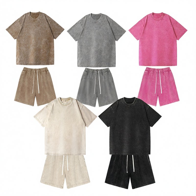 Men's Short Sleeve Shorts Set Casual Cotton Washed Summer Sportswear - Image 1