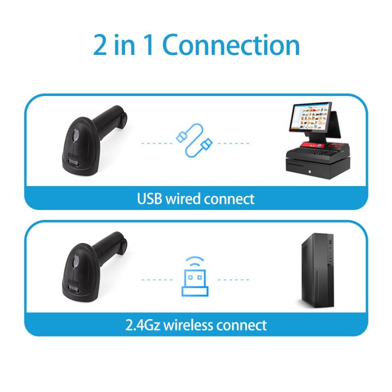 ماسح ضوئي لاسلكي للرموز الشريطية أحادية البعد بتقنية 2.4 جيجاهرتز + اتصال سلكي عبر USB، رأس مسح CCD للرموز الورقية والشاشات، متوافق مع أنظمة ويندوز وأندرويد ولينكس وماك، للاستخدام في المتاجر الكبرى والتجزئة والمكتبات والخدمات اللوجستية والمستودعات - Image 2