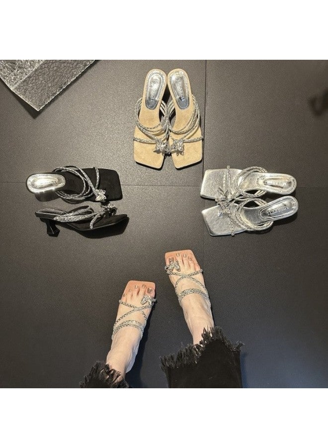 High Heels, Women's New Style, Rhinestone Straight Strap Sandals, Fashionable Square Toe Slim Heel Toe Slippers - Image 3