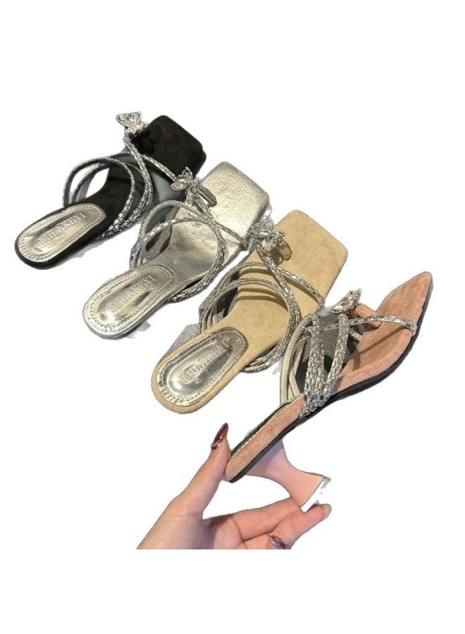 High Heels, Women's New Style, Rhinestone Straight Strap Sandals, Fashionable Square Toe Slim Heel Toe Slippers - Image 5
