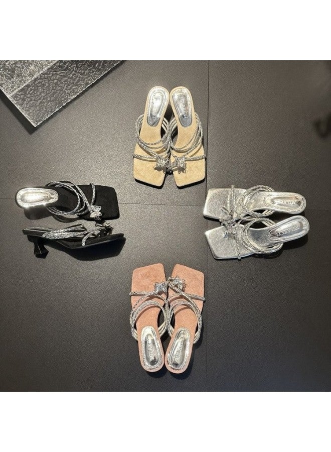High Heels, Women's New Style, Rhinestone Straight Strap Sandals, Fashionable Square Toe Slim Heel Toe Slippers - Image 4