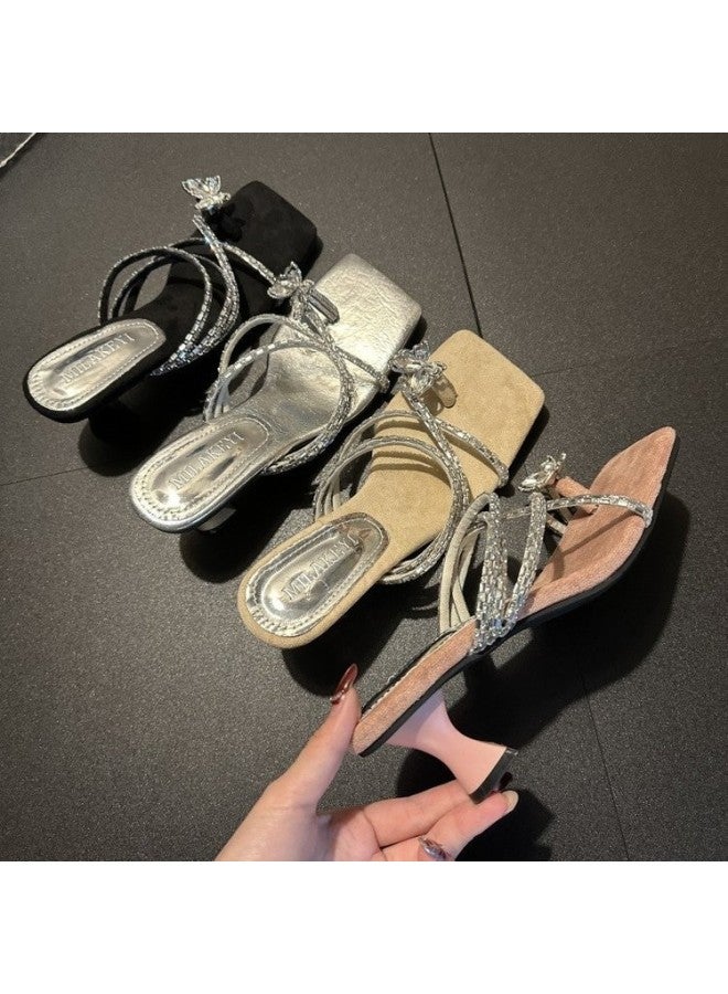 High Heels, Women's New Style, Rhinestone Straight Strap Sandals, Fashionable Square Toe Slim Heel Toe Slippers - Image 1