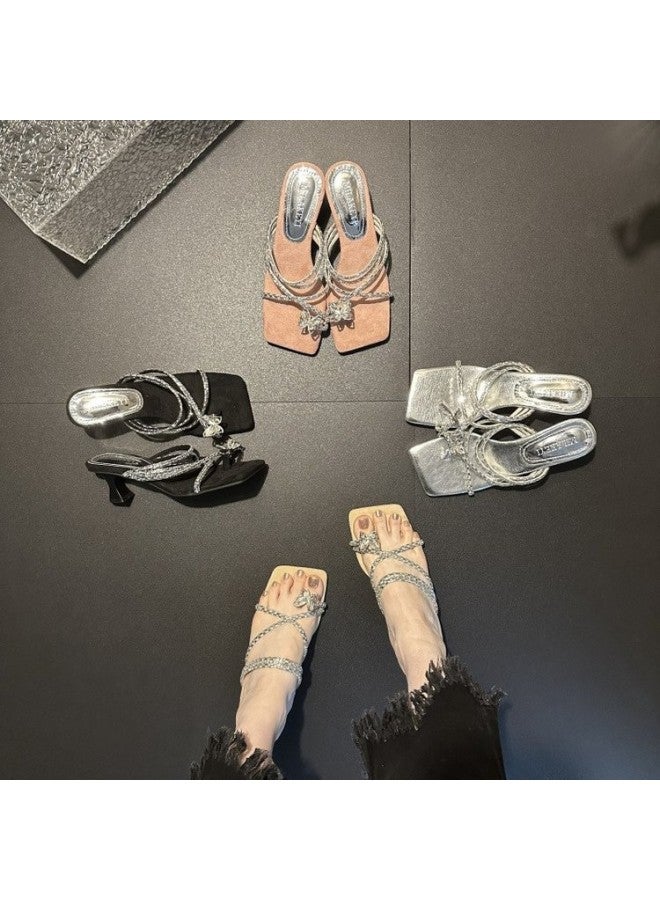 High Heels, Women's New Style, Rhinestone Straight Strap Sandals, Fashionable Square Toe Slim Heel Toe Slippers - Image 2