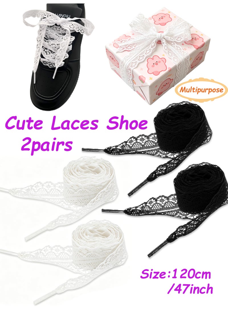 2 Pairs Flat Hollow Lace Shoelaces, 2.5cm Wide 120cm/47 Inch Fashion Replacement Shoe Strings, Cute Black Fancy Flat Laces for Women Girls Sneakers - Image 1