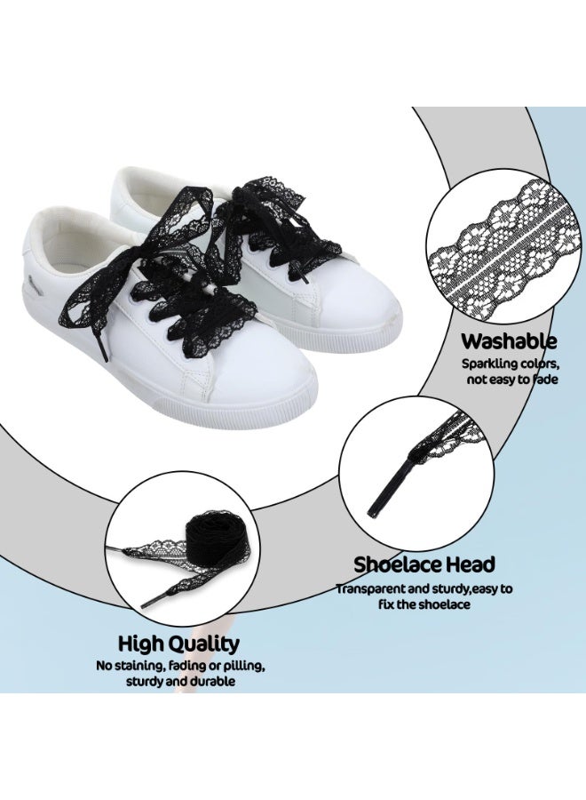 2 Pairs Flat Hollow Lace Shoelaces, 2.5cm Wide 120cm/47 Inch Fashion Replacement Shoe Strings, Cute Black Fancy Flat Laces for Women Girls Sneakers - Image 2
