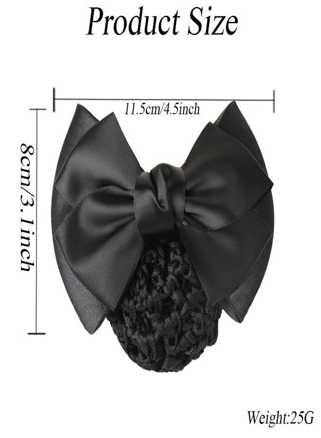 VASANA 3PCS Bowknot Snood Net Hair Clip Bun Cover Satin Bow Elastic Mesh Barrette Invisible Ballet Hair Nets Women Working Styling Accessories for Stewardess Banks Hotels Restaurant Staff(Black) - Image 2