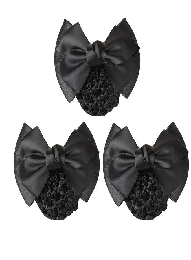 VASANA 3PCS Bowknot Snood Net Hair Clip Bun Cover Satin Bow Elastic Mesh Barrette Invisible Ballet Hair Nets Women Working Styling Accessories for Stewardess Banks Hotels Restaurant Staff(Black) - Image 1