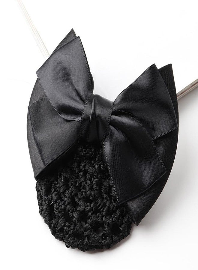 VASANA 3PCS Bowknot Snood Net Hair Clip Bun Cover Satin Bow Elastic Mesh Barrette Invisible Ballet Hair Nets Women Working Styling Accessories for Stewardess Banks Hotels Restaurant Staff(Black) - Image 3