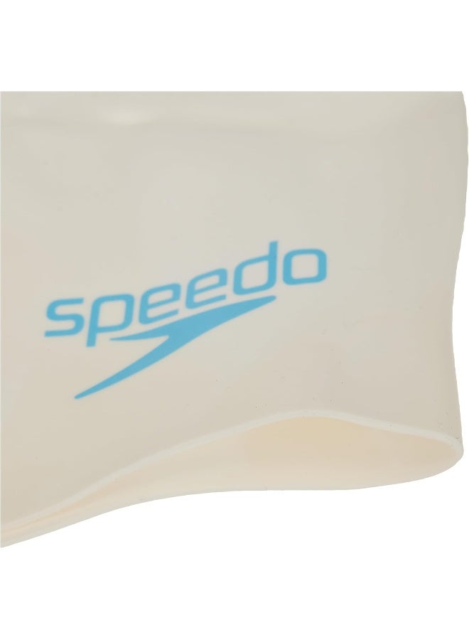 Speedo Plain Moulded Silicone Swimming Cap for Unisex Kids, One Size, White/Blue - Image 3