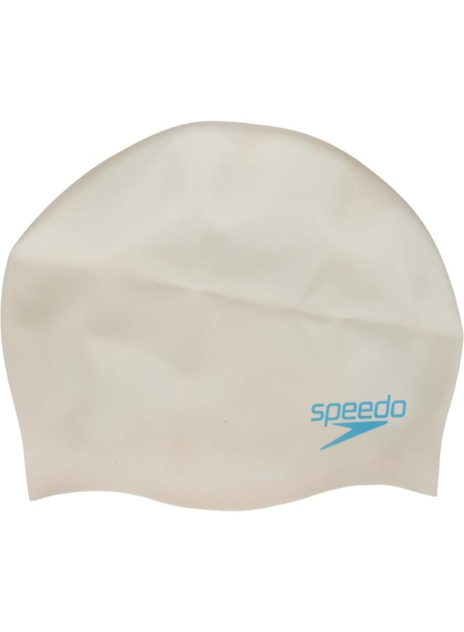 Speedo Plain Moulded Silicone Swimming Cap for Unisex Kids, One Size, White/Blue - Image 2