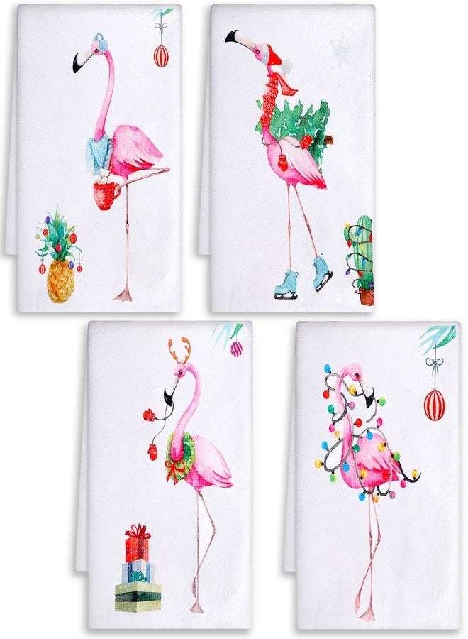 Chuarry Set of 4 Christmas Flamingo Hand Towels Merry Xmas Dish Towels Holiday Housewarming Gifts for New Home Bathroom Decorations(Pink Color,Flamingo) - Image 1