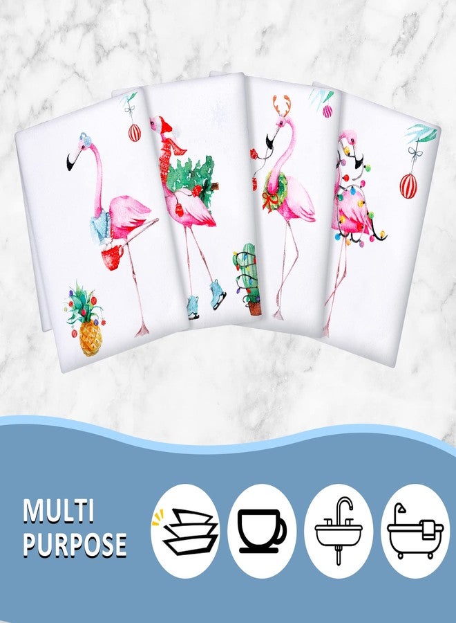 Chuarry Set of 4 Christmas Flamingo Hand Towels Merry Xmas Dish Towels Holiday Housewarming Gifts for New Home Bathroom Decorations(Pink Color,Flamingo) - Image 4