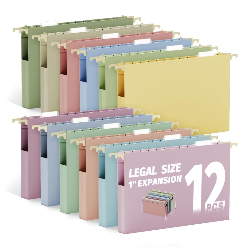 Ansook Legal Size Hanging File Folders Extra Capacity,Heavy Duty 1'' Expandable File Folders with Tabs,12 Pack Pastel Plastic Hang Folders for Filing Cabinet,Desk File Organizer for Office School - Image 1