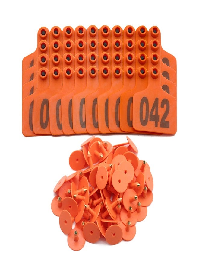 Achicklead 100PCS Cattle Ear Tags Numbered 001-100, Plastic Livestock Animal Ear Tag for Cows Goats Sheep Pigs Animal Identification Earring Tagger (Orange) - Image 1