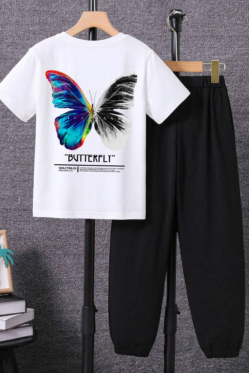 ONLYTRENDWEAR Kids Butterfly Bottom - Top Tracksuit Set 3-4 Years Old White