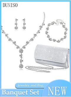 DUNISO 4 Pcs Silver Rhinestone Jewelry Set for Women Glitter Evening Clutch Envelope Purse Wavy Design Necklace Earrings Bracelet Set for Ladies Dinner Party Date Wedding  - Image 1