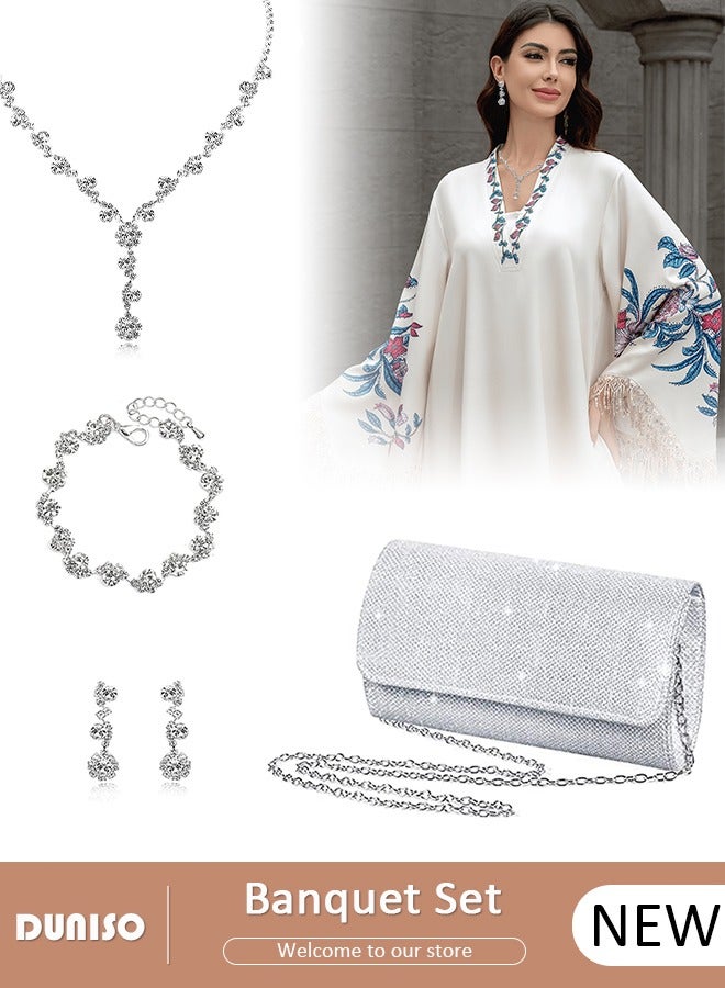 DUNISO 4 Pcs Silver Rhinestone Jewelry Set for Women Glitter Evening Clutch Envelope Purse Wavy Design Necklace Earrings Bracelet Set for Ladies Dinner Party Date Wedding  - Image 1