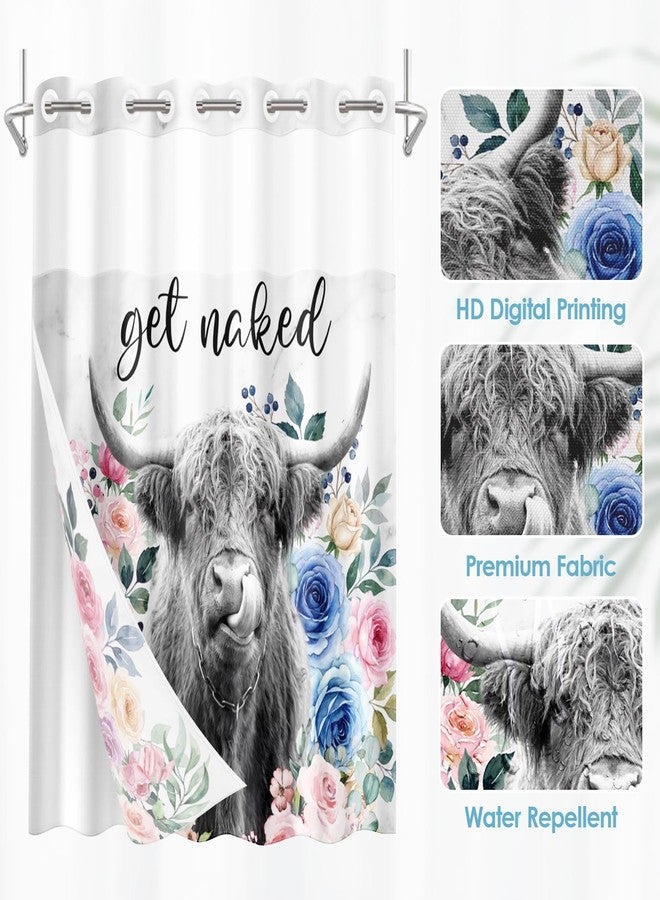 Nesphy No Hook Funny Highland Cow Shower Curtain with Snap in Fabric Liner Set, Pink Floral Farmhouse Double Layers Waterproof Fabric with See Through Top Window Open Grommet Bath Curtain 71x74 Inch - Image 4