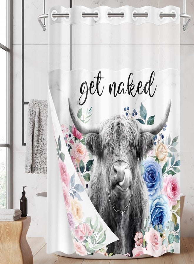 Nesphy No Hook Funny Highland Cow Shower Curtain with Snap in Fabric Liner Set, Pink Floral Farmhouse Double Layers Waterproof Fabric with See Through Top Window Open Grommet Bath Curtain 71x74 Inch - Image 1