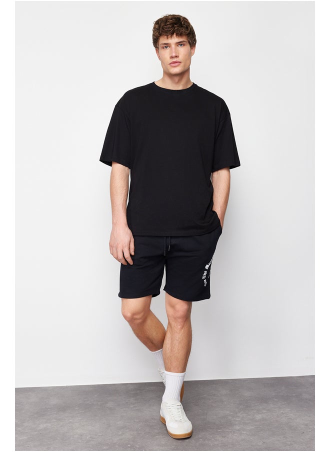 trendyol Black Regular/Normal Fit Fluffy Text Printed Shorts TMNSS24SR00032  - Image 1