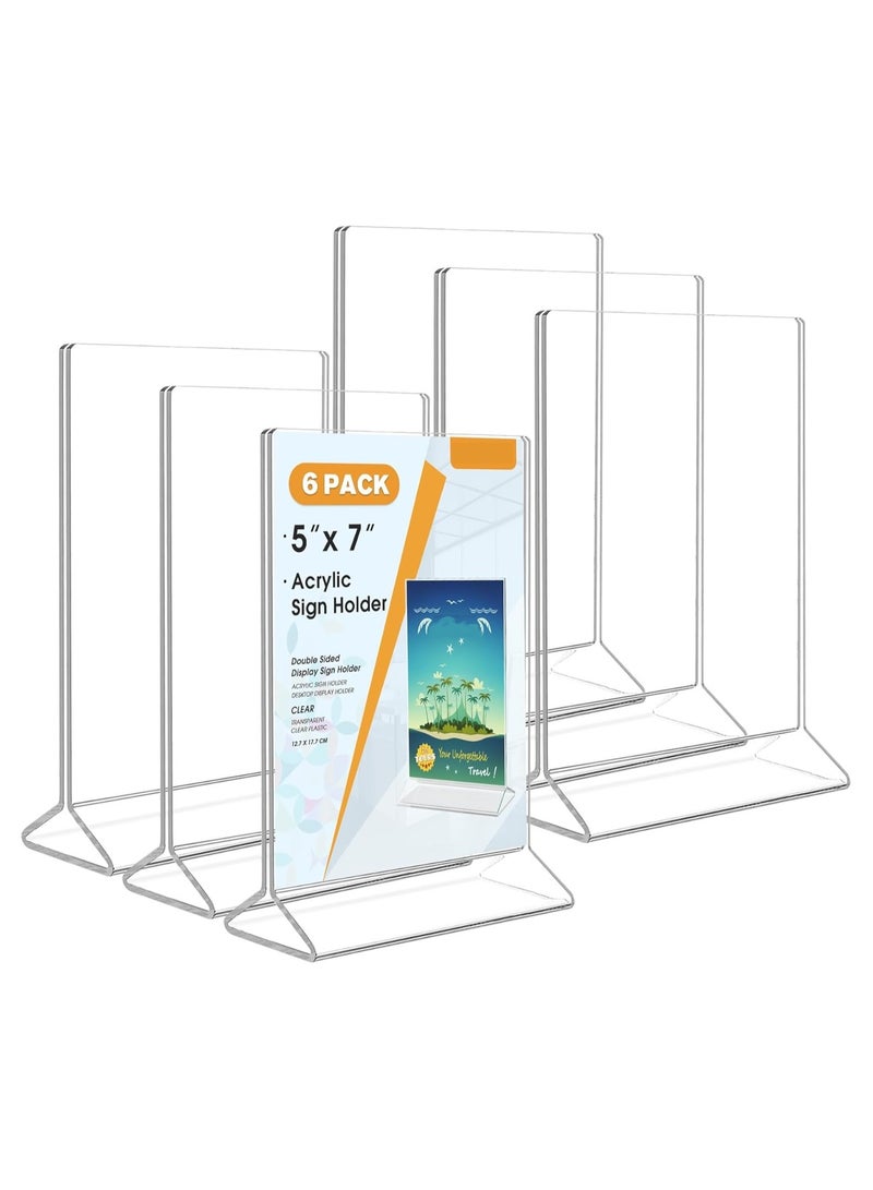 Slasa SLASA 6 Pack Acrylic Sign Holder 5 x 7 Inches – T-Type Double-Sided Clear Plastic Tabletop Display Stand, Table Menu & Card Holder for Office, Home, Store, Restaurant - Image 1