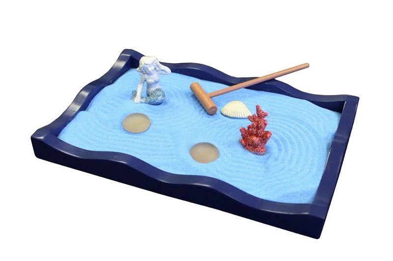 Natures Mark Mini Zen Garden Kit for Desk with Rake Blue Sand Miniature Mermaid Clam Corlal Figures Wavy Base Glass Rocks