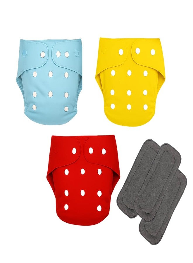Reusable Cloth Diapers for Babies | Washable & Eco-Friendly Baby Nappies | Adjustable Leak-Proof Cloth Diaper Set with Soft Inserts (3, Blue,Yellow&Red, Free Size)