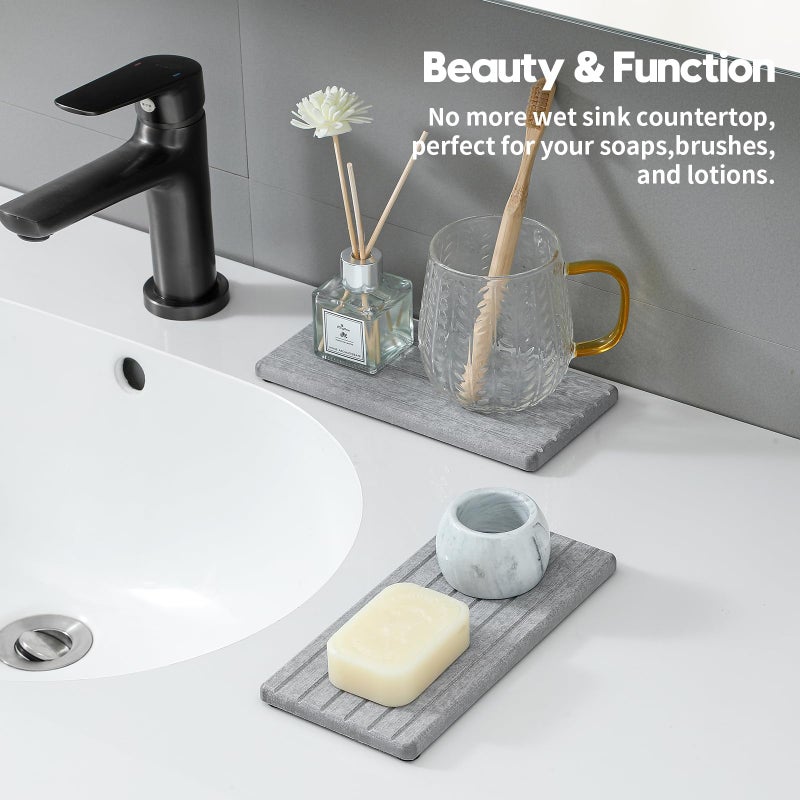 Razborci 2PCS Instant Dry Diatomite Stone Counter Makeup Tray Organizer, Fast Drying Caddy Kitchen Sponge Holder Mat, Bathroom Vanity Toothbrush Bottle Dispenser Soap Dish Rack, Light Gray, 8"x 3.8" - Image 2