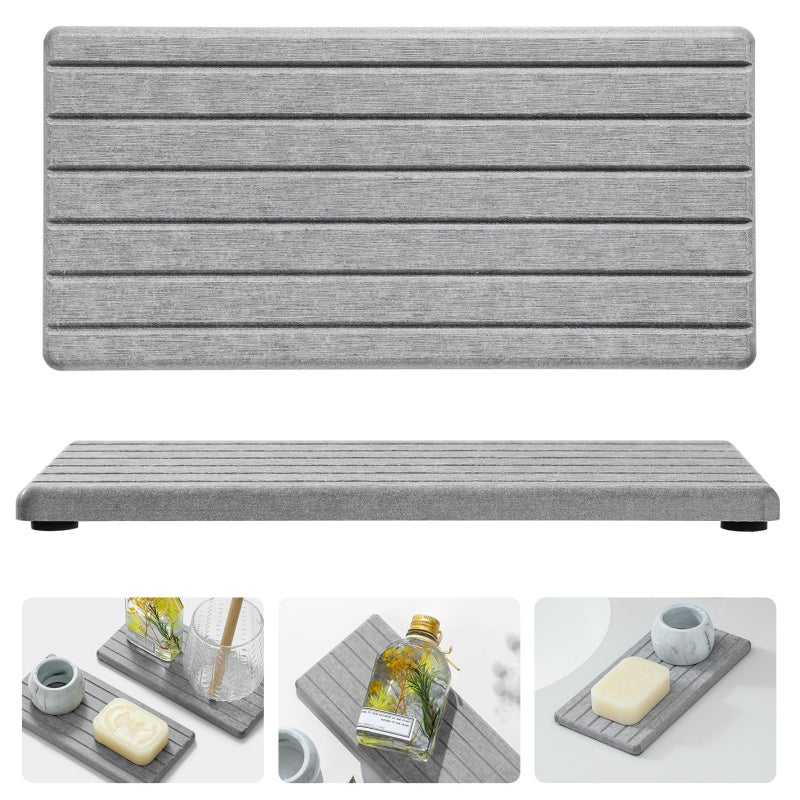 Razborci 2PCS Instant Dry Diatomite Stone Counter Makeup Tray Organizer, Fast Drying Caddy Kitchen Sponge Holder Mat, Bathroom Vanity Toothbrush Bottle Dispenser Soap Dish Rack, Light Gray, 8"x 3.8" - Image 1