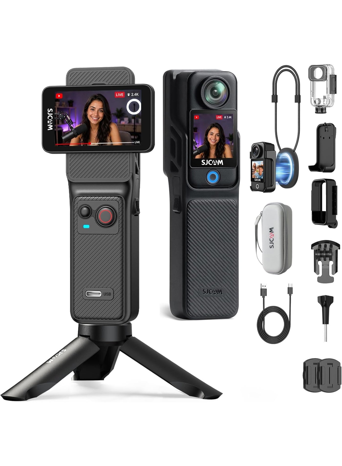 C400 Vlogging Combo,4K Pocket Handheld Camera,7H Power use,6-Axis Stabilizer Action Camera,2.29'' Touch Screen,30M Waterproof Body Cam,Vlogging Camera for YouTube Live Streaming,64GB Card