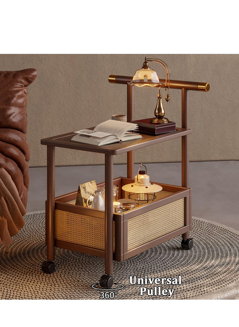 XiuWoo Rolling Storage Cart, Rolling Storage Cart with handle, Wooden Utility Cart With storage basket, Wooden Double-Layer Tea Cart, for Home Kitchen Dining Room Living Room - Image 5