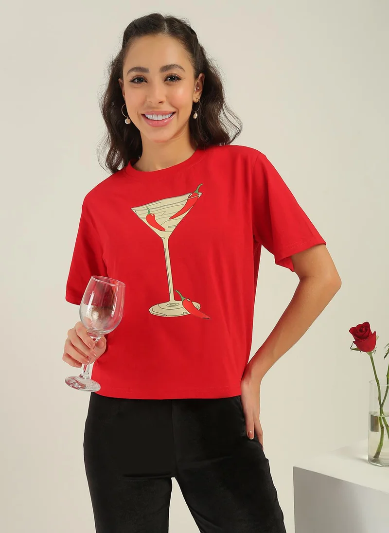 جلو باص Globus Women Red Round Neck Short Sleeves Graphic Print Oversized Fit T-Shirt