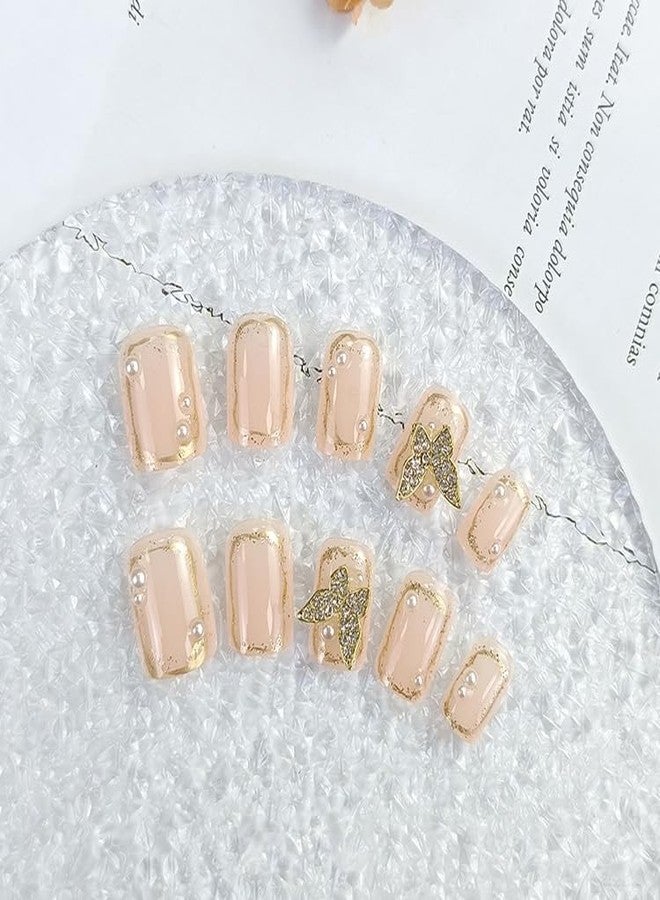 KRESHU 24Pcs Gold Butterfly & Pearl Short Fake Nails Champange Color INS Style Manicure Detachable Fingernails for Women, Girls Wedding Gifts Daily Decoration Press on Nail Reusable set (1-Set) - Image 5