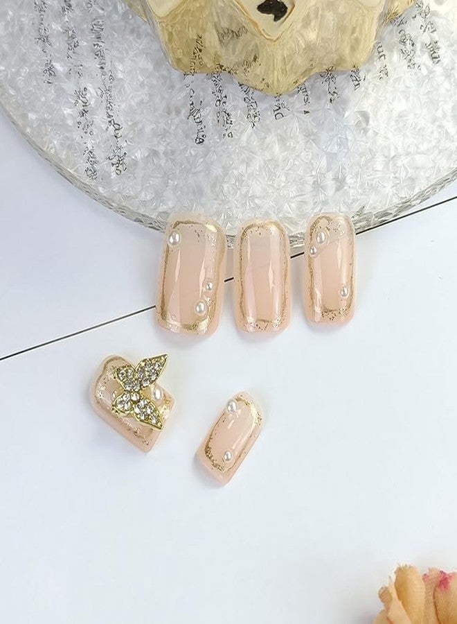 KRESHU 24Pcs Gold Butterfly & Pearl Short Fake Nails Champange Color INS Style Manicure Detachable Fingernails for Women, Girls Wedding Gifts Daily Decoration Press on Nail Reusable set (1-Set) - Image 4
