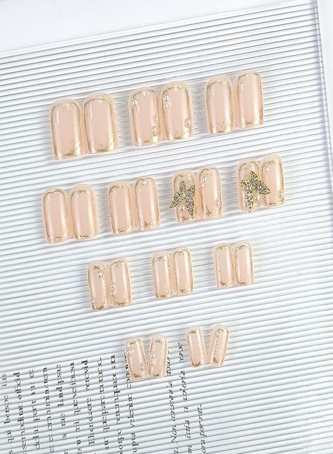 KRESHU 24Pcs Gold Butterfly & Pearl Short Fake Nails Champange Color INS Style Manicure Detachable Fingernails for Women, Girls Wedding Gifts Daily Decoration Press on Nail Reusable set (1-Set) - Image 2