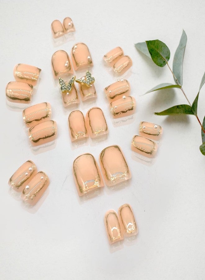 KRESHU 24Pcs Gold Butterfly & Pearl Short Fake Nails Champange Color INS Style Manicure Detachable Fingernails for Women, Girls Wedding Gifts Daily Decoration Press on Nail Reusable set (1-Set) - Image 3