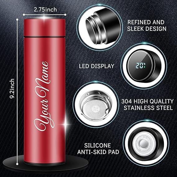 DIGALI ENTERPRISE Personalized Stainless Steel Sports Water Bottle LED Temperature Display Smart Bottle Hot Cold Insulated Flask 500ML LCD Touch Screen Gift Bottle for Travel Office Red - Image 4